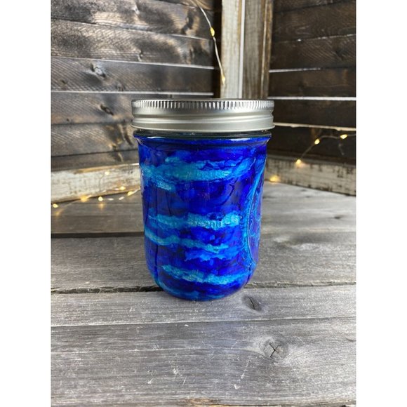 Storage Organization Trinket Quart Mason Jar Resin Blue Silver Marbled Swirl - Picture 2 of 8